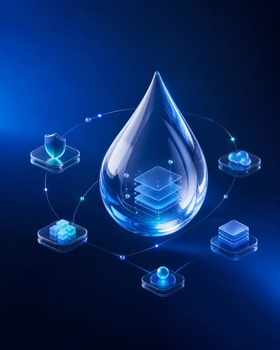 Abstract glass Drupal platform with connected security, migration and content modules
